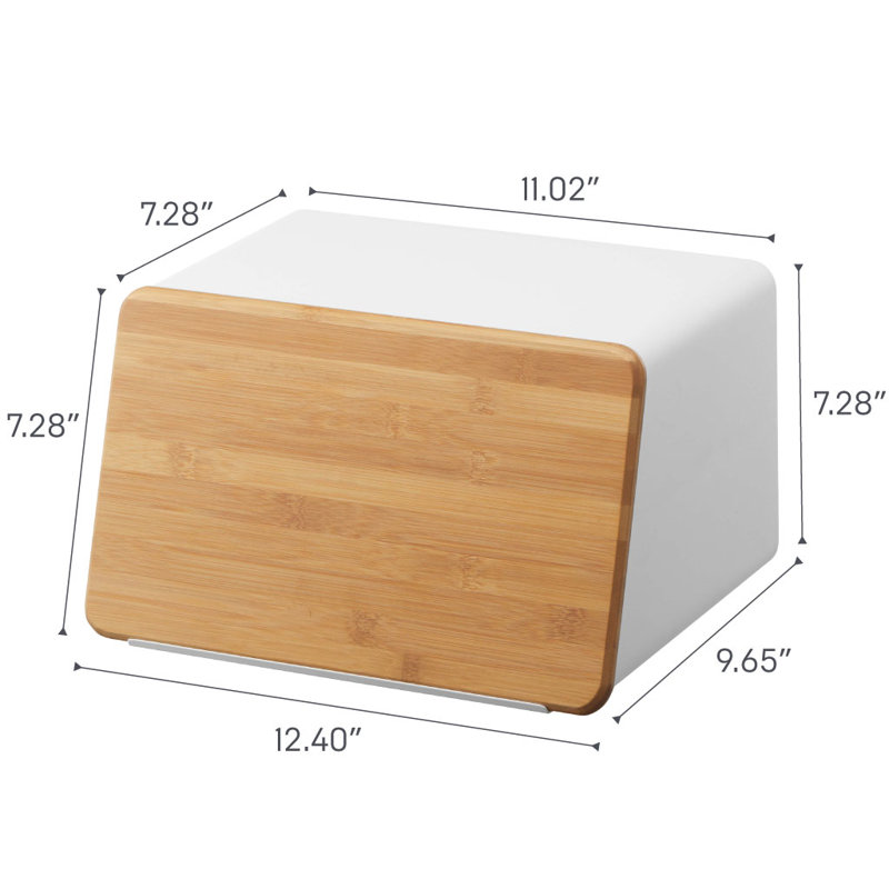 White Steel Bread Box with Bamboo Cutting Board Lid