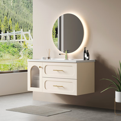 Meuble-lavabo mural 39 po avec lavabo mural 39 po et 2 tiroirs, meuble-lavabo flottant moderne avec lavabo intégré en céramique et plateau intégré blanc