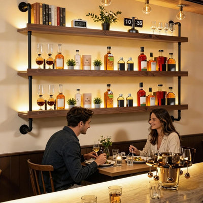 49IN Wall Mounted Wine Rack 3-Tier Industrial Pipe with LED Light