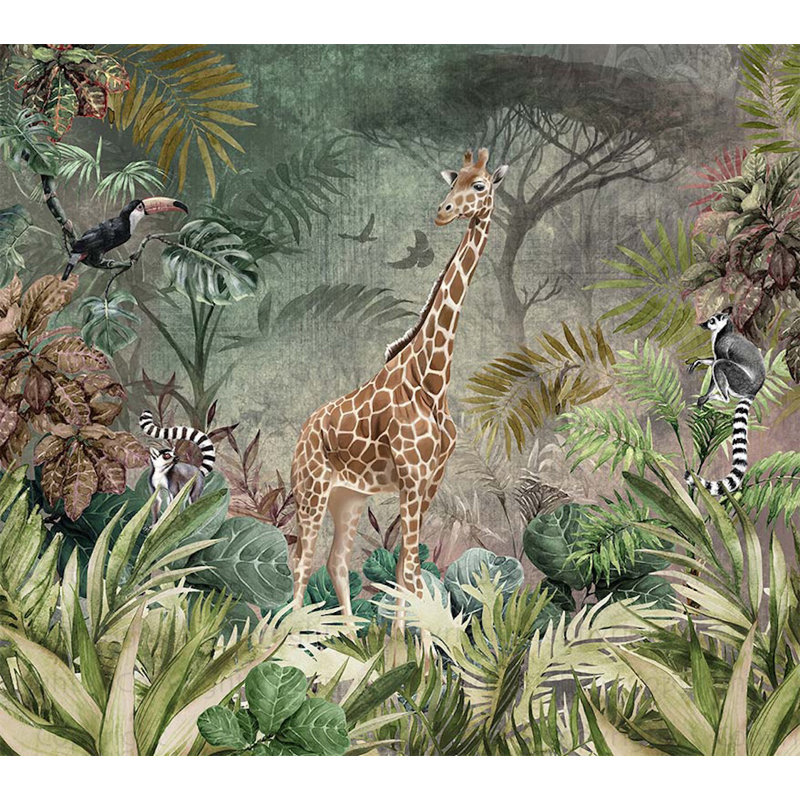 Murale de papier peint Enchanting Safari Giraffe And Lemurs, L 1416 po x l 131 po, Vert