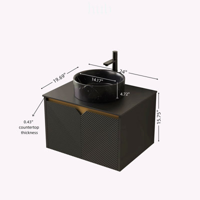 Meuble-lavabo suspendu de 61 cm (24 pouces) avec portes en sergé, garniture métallique et lavabo rond en céramique à motif pierre