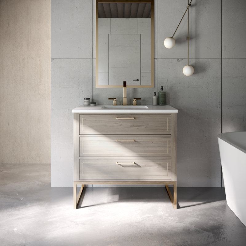 Ensemble de meuble-lavabo simple 36 po Markham, Gris cachemire, Quartz blanc, Laiton satiné