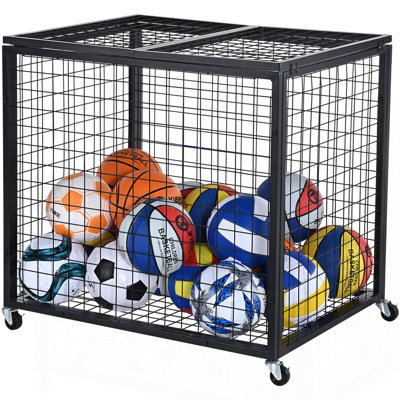 Rolling Sports Ball Storage Cart, Lockable Basketball Cage with Double Lids, Sport Equipment Holder Organizer for Indoor Outdoor, Steel Storage Rack for Garages, Playgroup, Gym and Schools