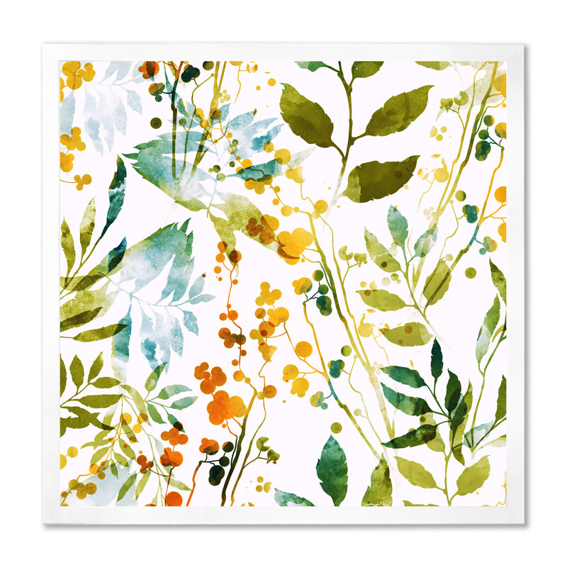 Fleurs printanières et feuilles sur fond blanc - peinture sur toile, H 16 po x l 16 po, Cadre photo blanc