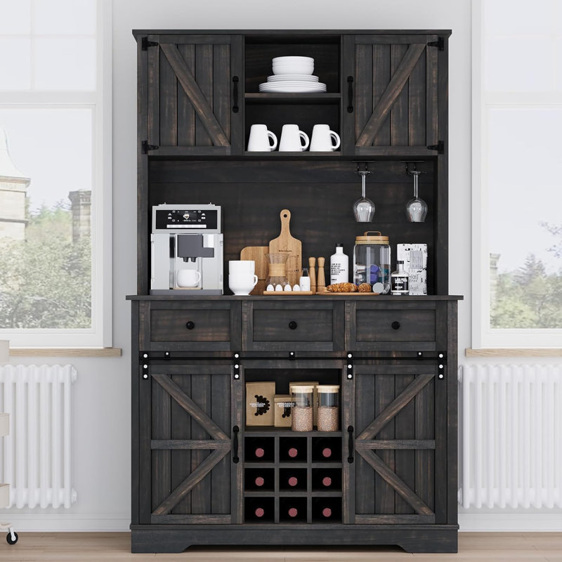 Abrianna 72" Farmhouse Coffee Bar Cabinet Hutch, Brown