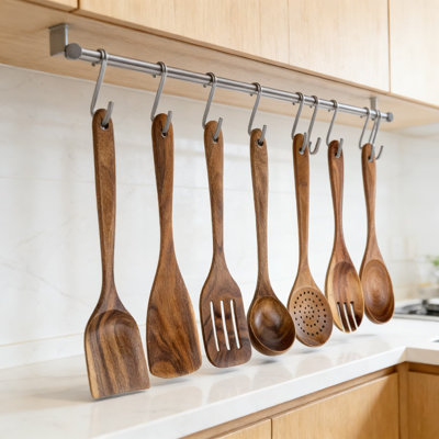 10-Piece Teak Wood Kitchen Utensil Set - Non-Stick, Heat-Resistant Wooden Spoons, Ladle, Turner With Stainless Steel Hooks For Organization