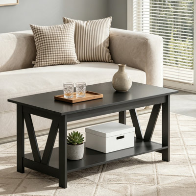  Table basse 39,4 "de style campagnard avec tablette de rangement, support en V, table centrale rustique en bois à 2 niveaux pour le salon, la chambre à coucher et le balcon