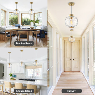 Modern Brass Small Globe Pendant Light, 9.8-Inch Hammered Crystal Glass Hanging Lighting Fixture for Kitchen Island, Dining Room & Entryway