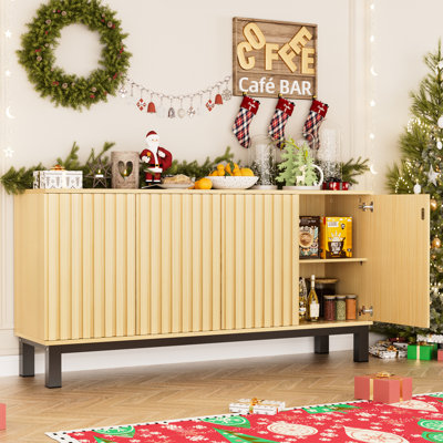 Armoire de rangement en noyer avec quatre portes cannelées, construction et sangles pour le salon de la cuisine, conception sécuritaire