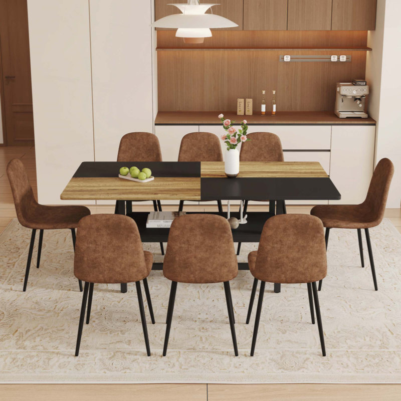 Ensemble de table et de chaises. Table de salle à manger épissée avec fonction de rangement au milieu des pieds de la table. Combinée avec 8 chaises en tissu avec pieds en métal.