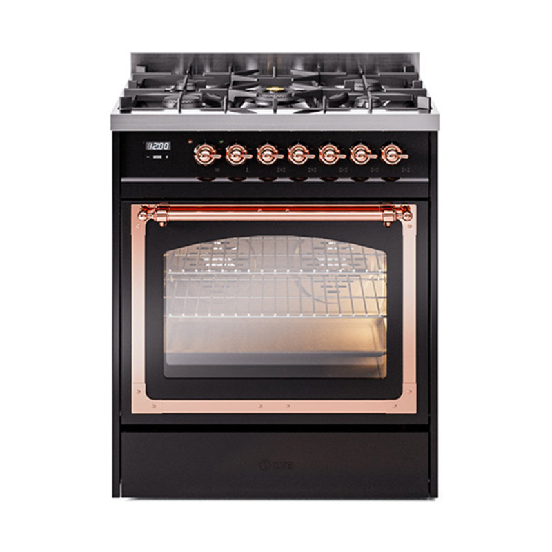 ILVE Nostalgie II Noblesse 30 in Dual Fuel Range, Glossy Black/Copper, Natural Gas