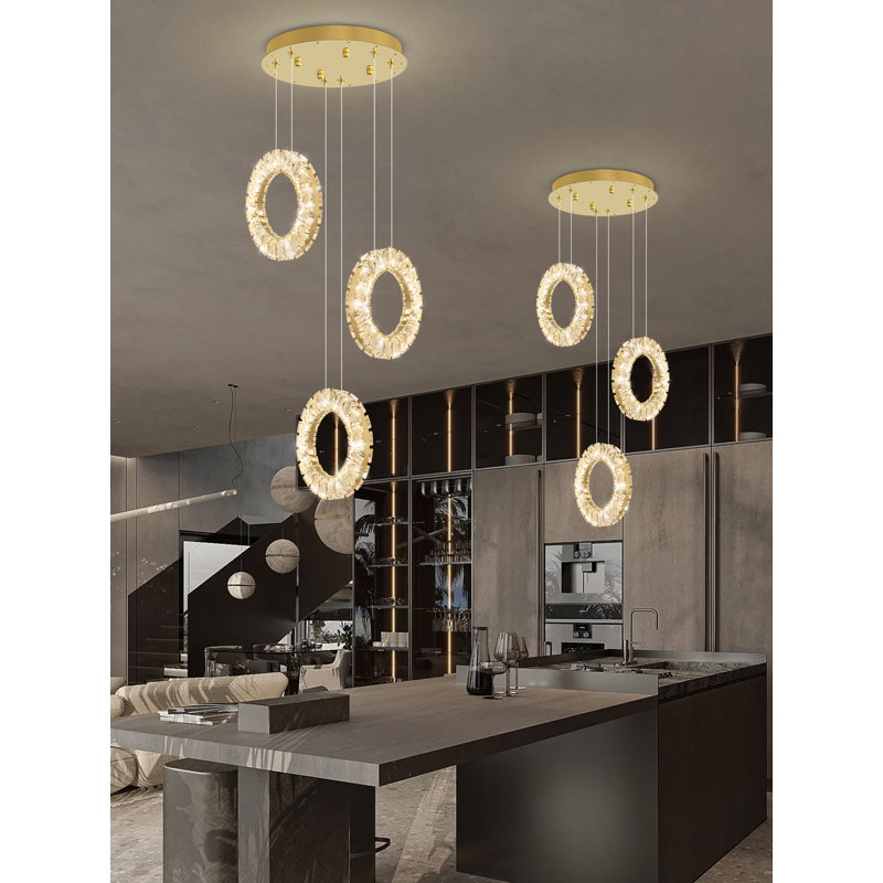 Luminaire suspendu moderne en cristal à 3 anneaux 2700K - 6000K à intensité variable, Doré