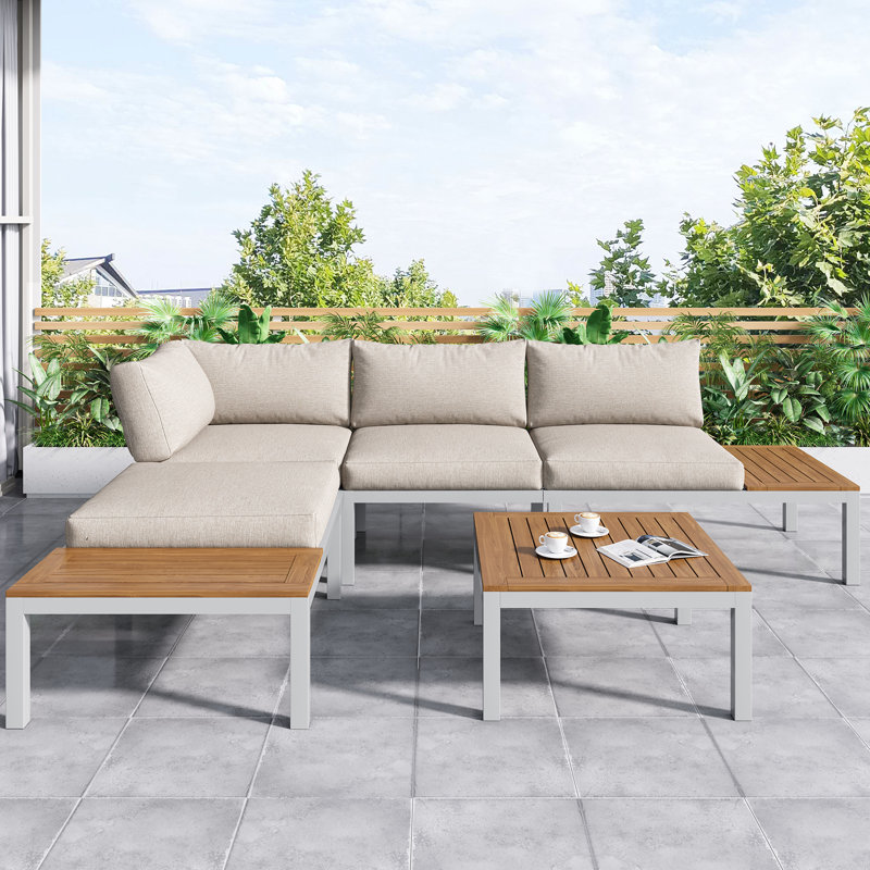 Outdoor 4 Seat Corner Sofa And Table Set With In-Built Side Tables For Modern Gardens, Tan, Tan