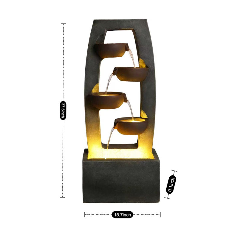 Outdoor Water Fountain with Warm LED Lights, 37.6" Modern Resin Tiered Bowl Fountain, Teal