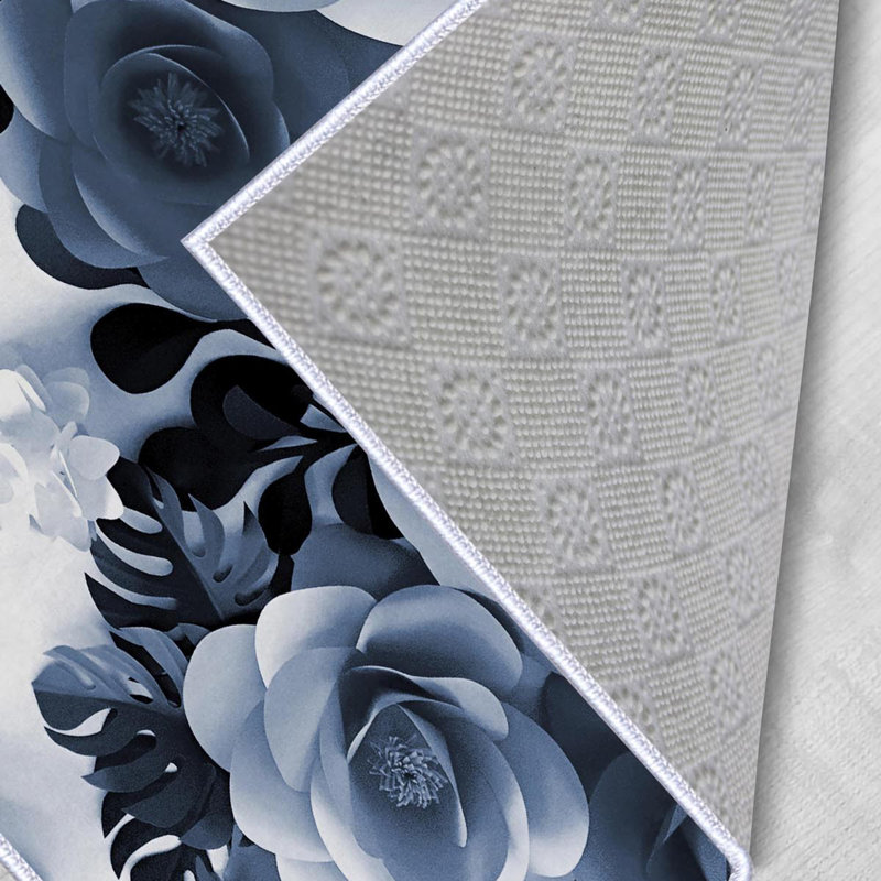 Tapis bleu marine / blanc en polyester tissé à la machine Fuzail