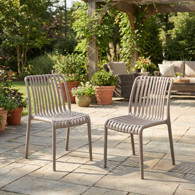 Cozyblock 2 X Outdoor Stackable Dining Chair, All-weather Plastic Patio Chair, Pool Side Chair, Modern Slatted Design For Balcony, Garden, Backyard, Indoor & Outdoor Use (armless, Beige)