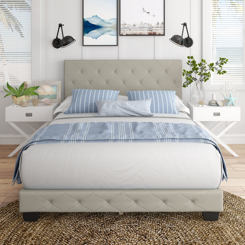 Chloe Gray Linen Upholstered Platform Bed Frame with Tufted Headboard