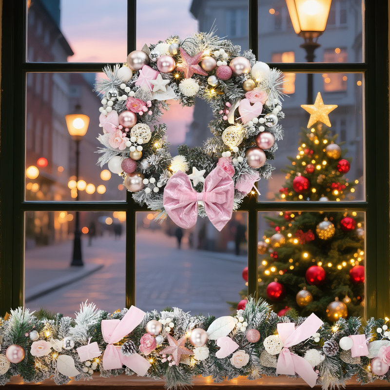 Couronne de Noël 24 pouces avec nœud rose, décorations de Noël artificielles aiguilles de pin givré avec lumières DEL, rose