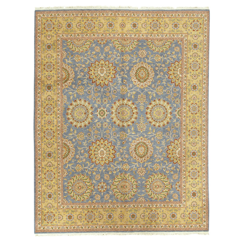 Hand Knotted Wool Oriental Area Rug in Blue And Gold