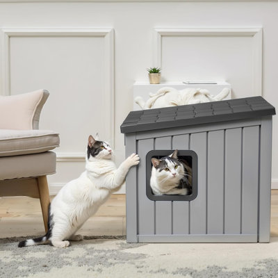 Maison de chat d'extérieur résistante aux intempéries, grande maison de chat à griffes pour chats d'intérieur avec deux portes et trou de fuite, drainage incliné, maison de chat extérieure résistante aux intempéries, facile à installer, gris