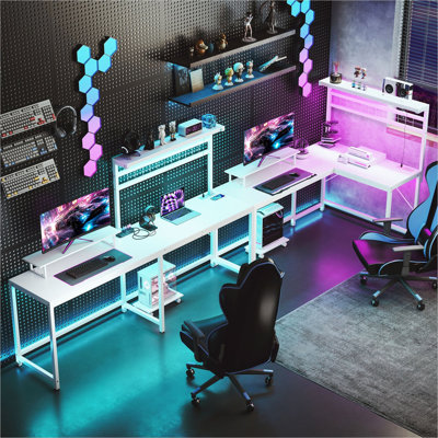 Bureau avec panneau de particules blanc et acier et tablettes de 61,6 po, éclairage DEL, télécommande