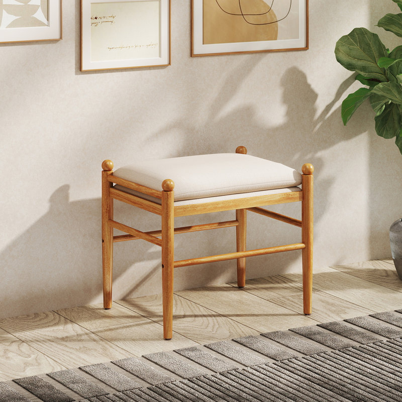 Repose-pieds rembourré en lin avec pieds en bois massif, Brun, Beige