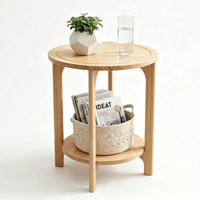 Solid Wood Round Side Table for Living Room, Bedroom, 2-Tier Natural Wood Circle End Table Bedside Table Nightstand