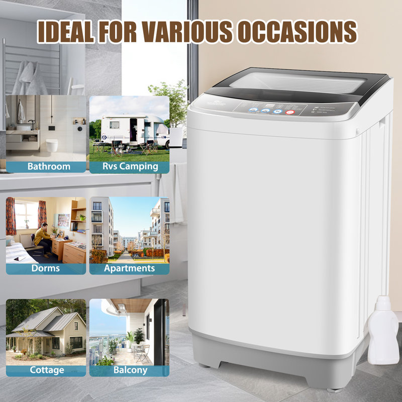 2.8 Cu. Ft. High Efficiency Portable Washer With Drain Pump, Child Safety Lock, Glass Top, Light Gray