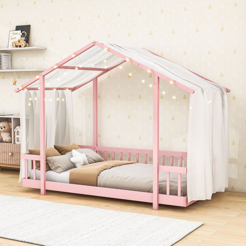 Lit plateforme en bois avec baldaquin en tissu transparent et guirlande lumineuse, Twin, Rose