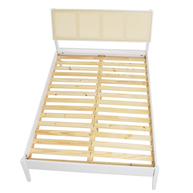 Crawford Modern Solid Wood Bed with Woven Cane Headboard, Queen, White