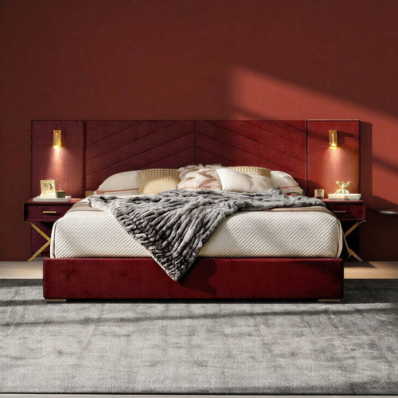 Luxurious Upholstered King Platform Bed With 2 Adjustable LED Lights And 2 Bedside Tables,Velvet Tufted Headboard,No Box Spring Needed,Blue