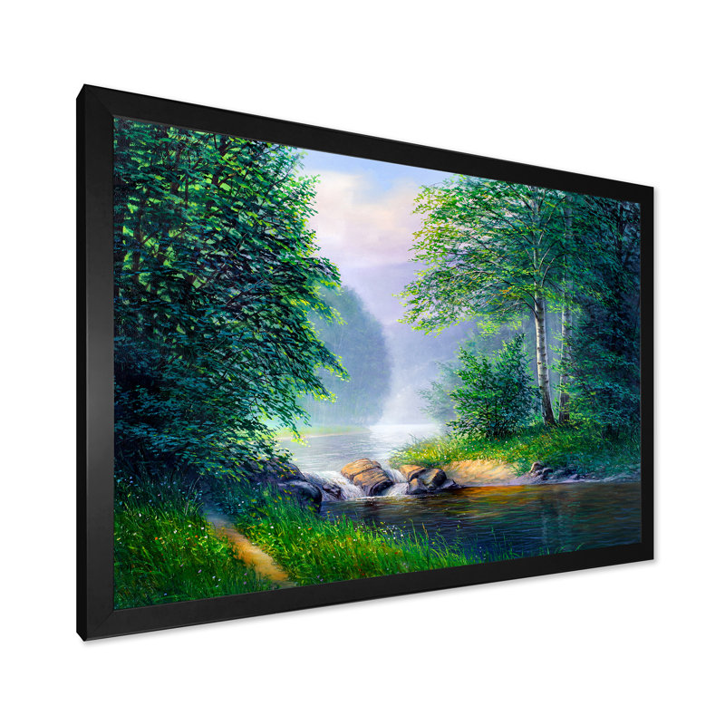 Paysage d'été d'une rivière forestière - œuvre d'art traditionnelle sur toile, Cadre photo noir, H 8 po x l 12 po x P 1 po