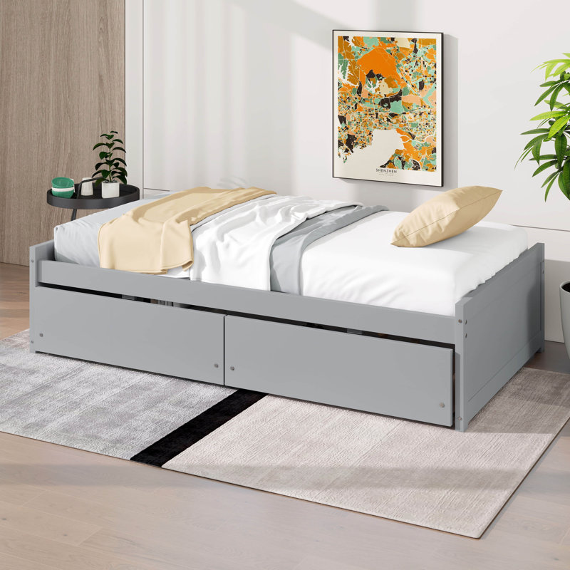 Structure de lit simple avec 2 tiroirs, lit en bois d'hévéa massif avec support en lattes de bois, aucun sommier requis, gris