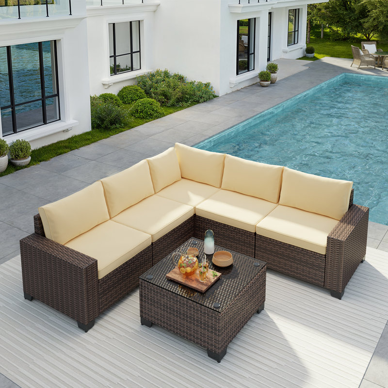 Ensemble modulaire en rotin toutes saisons 5 pièces Vanarsdale - Dossier incliné et table basse, Beige