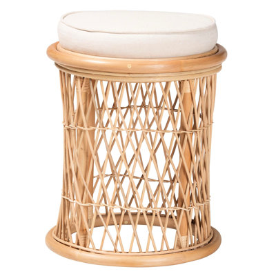 Bohème rond en structure ajourée naturelle, coussin amovible en tissu rembourré de mousse, blanc et couleur principale, 15,17 po de largeur, profondeur, 17,08 po de hauteur, 6,45 lb, tabouret, structure, profondeur,