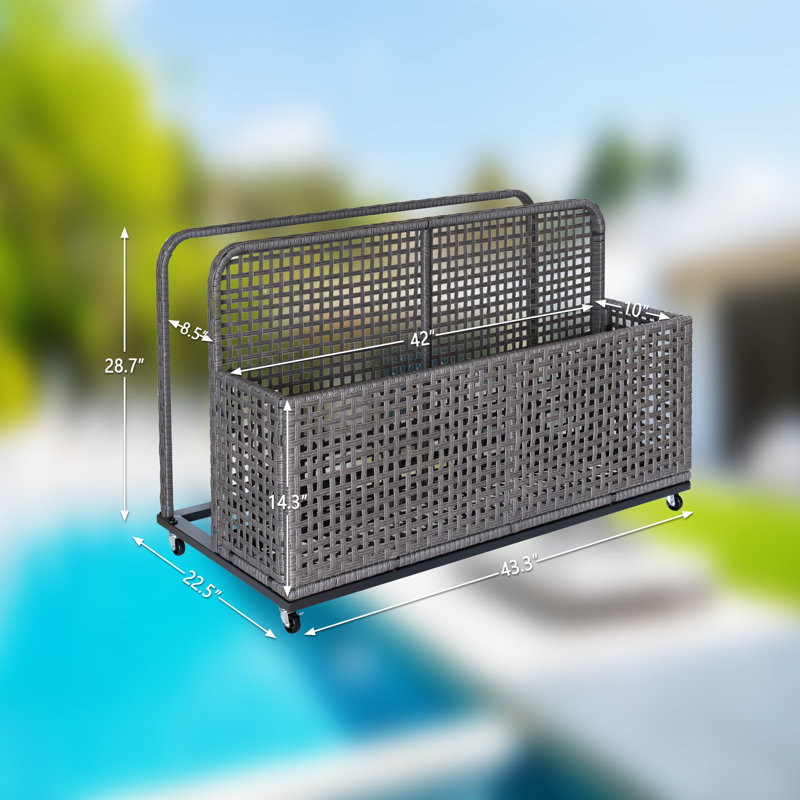 Poolside Float Storage, Outdoor Storage, Patio Poolside Float Storage Basket, Storage Box, PE Rattan Outdoor Pool Caddy with Rolling Wheels