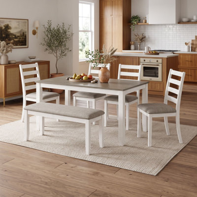 Six Piece Dining Table Set with Four Upholstered Chairs and Bench