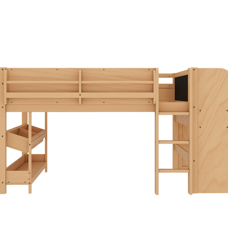 Lit mezzanine double multifonctionnel fabriqué en bois massif, avec rangement, bureau, tableau noir et espace de création, sans sommier à structure en bois, tiroirs à bibliothèque, bureau pour la danse