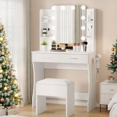 Bureau de maquillage avec miroir et 12 lumières DEL, coiffeuse blanche avec prise de courant, 2 tiroirs, 6 tablettes, support pour sèche-cheveux et tabouret