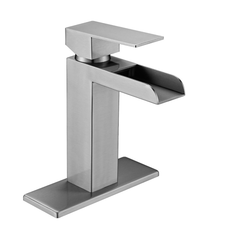 Contemporary Bathroom Faucet - Brushed Nickel Waterfall Single Handle With Pop Up Drain Elegant Deck Plate & Overflow