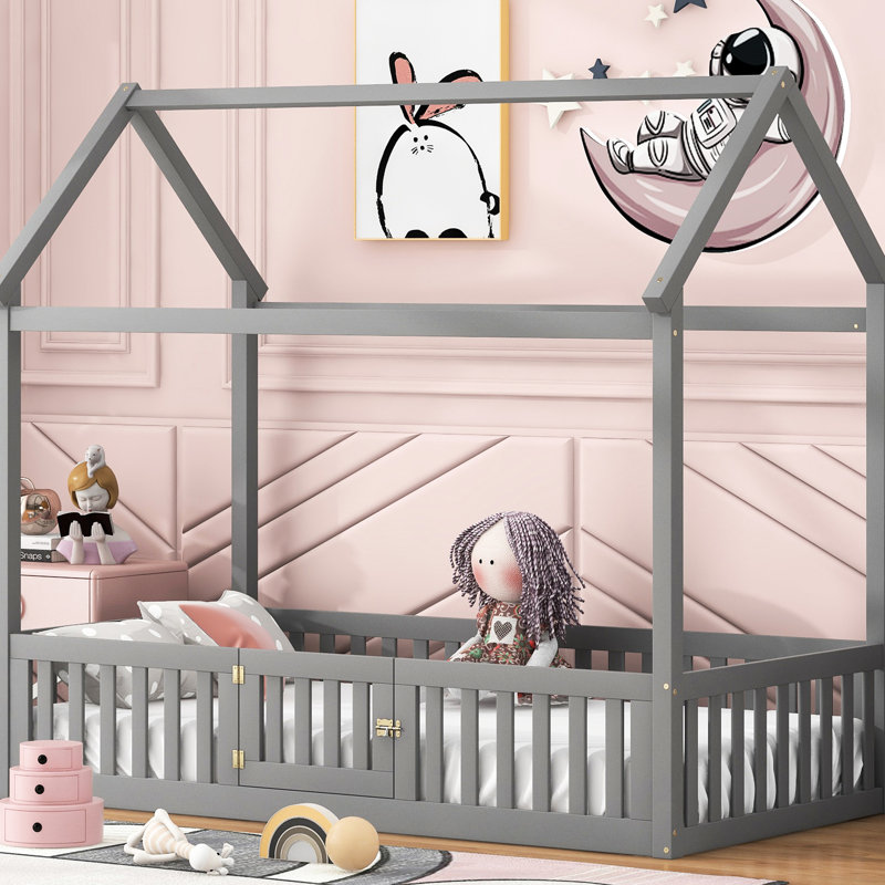 Lit simple en bois avec clôture et porte en bois de pin gris, Twin, Gray