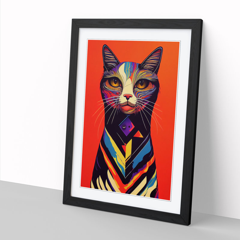 Colourful Abstract Cat Vol.2 - Single Picture Frame Print, 34cm H x 25cm W, Brown Framed
