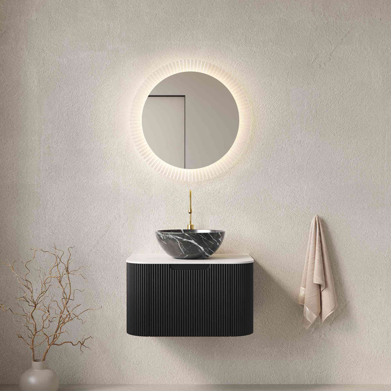  24" Bathroom Vanity with Sink, Wall-Mounted Floating Curved Edges Striped Bathroom Storage Cabinet with Drawer, Black Bowl Ceramic Basin with Stone Pattern, Pre-assembled