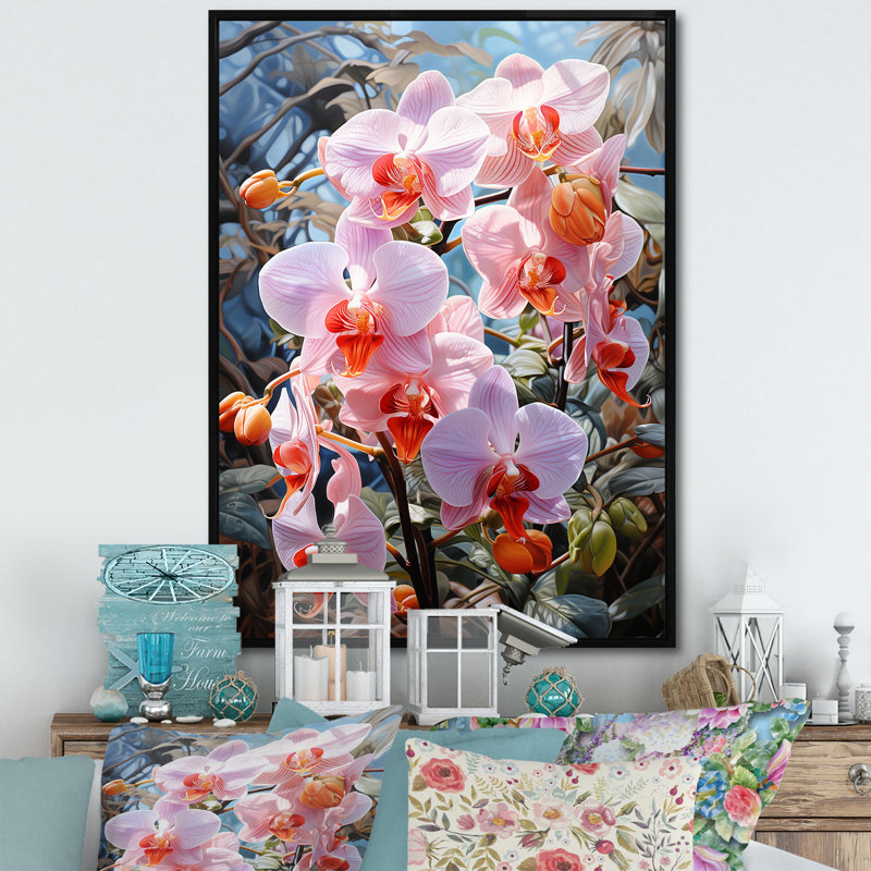 Orchidées roses, allure tropicale sur toile, H 40 po x l 30 po x P 1,5 po, Cadre flottant noir