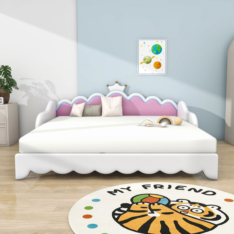 Twin Upholstered Princess Daybed with Crown Headboard and LED Lights, Twin, White