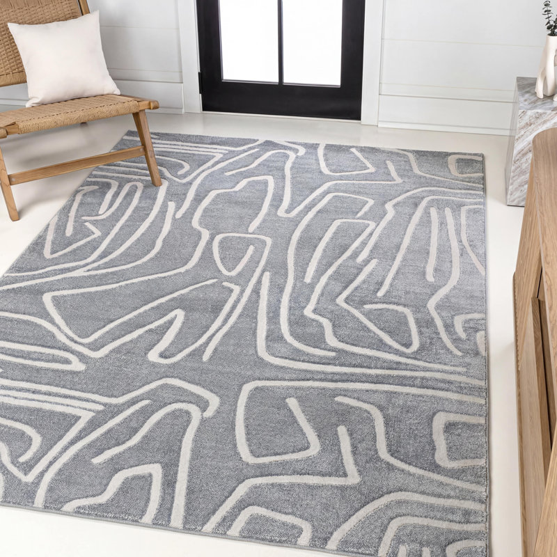 Sauvanne Modern Scandinavian Graphic Lines High-Low Blue/White Rug, Rectangle 2'11" x 5'
