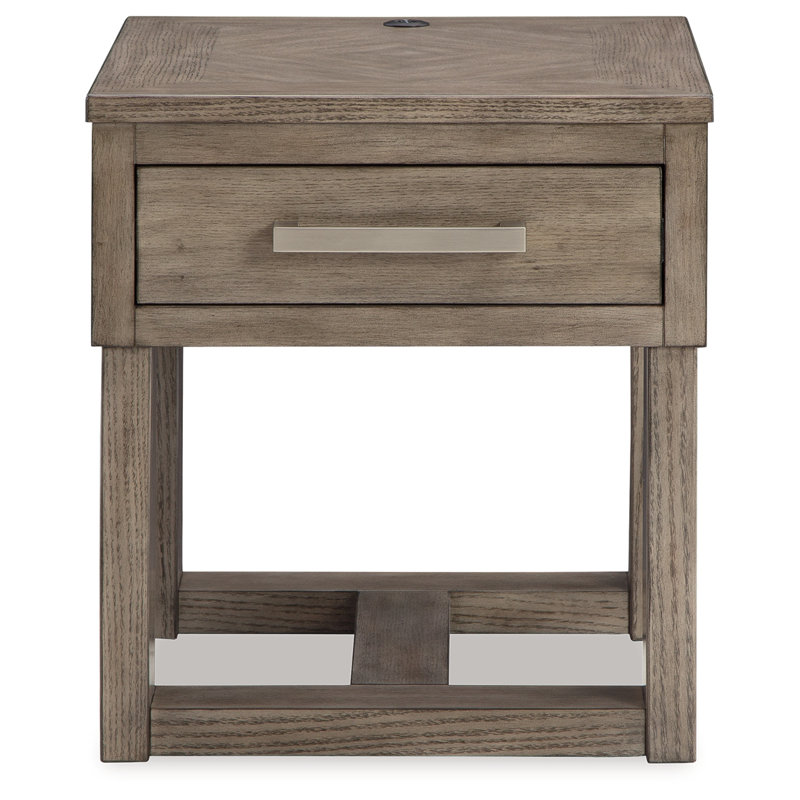Transitional Brown and White Wood End Table with Storage and USB Charging