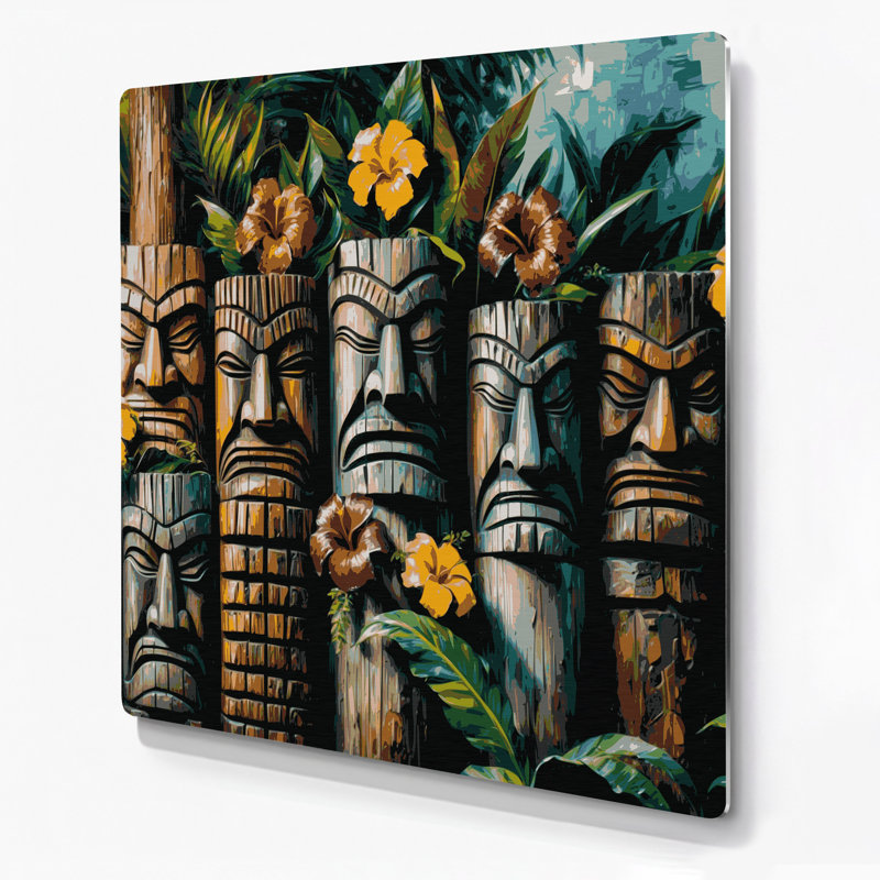 Art mural en métal vert, statues tiki hawaïennes, H 12 po x l 12 po