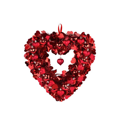 13.77" Tinsel Heart Shaped Wreath Red Heart Wreath Heart Balls Decorations for Front Door Wedding Party Anniversary Wall Decor Gift for Girlfriend Mother’s Day