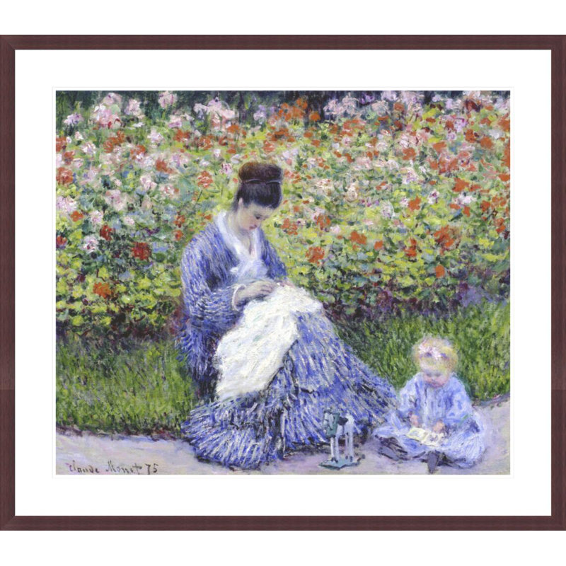 Camille Monet et un enfant dans le jardin de l'artiste à Argenteuil par Claude Monet, impression giclée encadrée